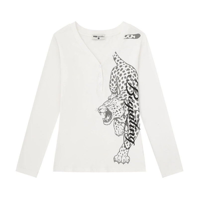 Women's Long Sleeve Henley Shirt with V-Neck and Large Panther Print Amarae