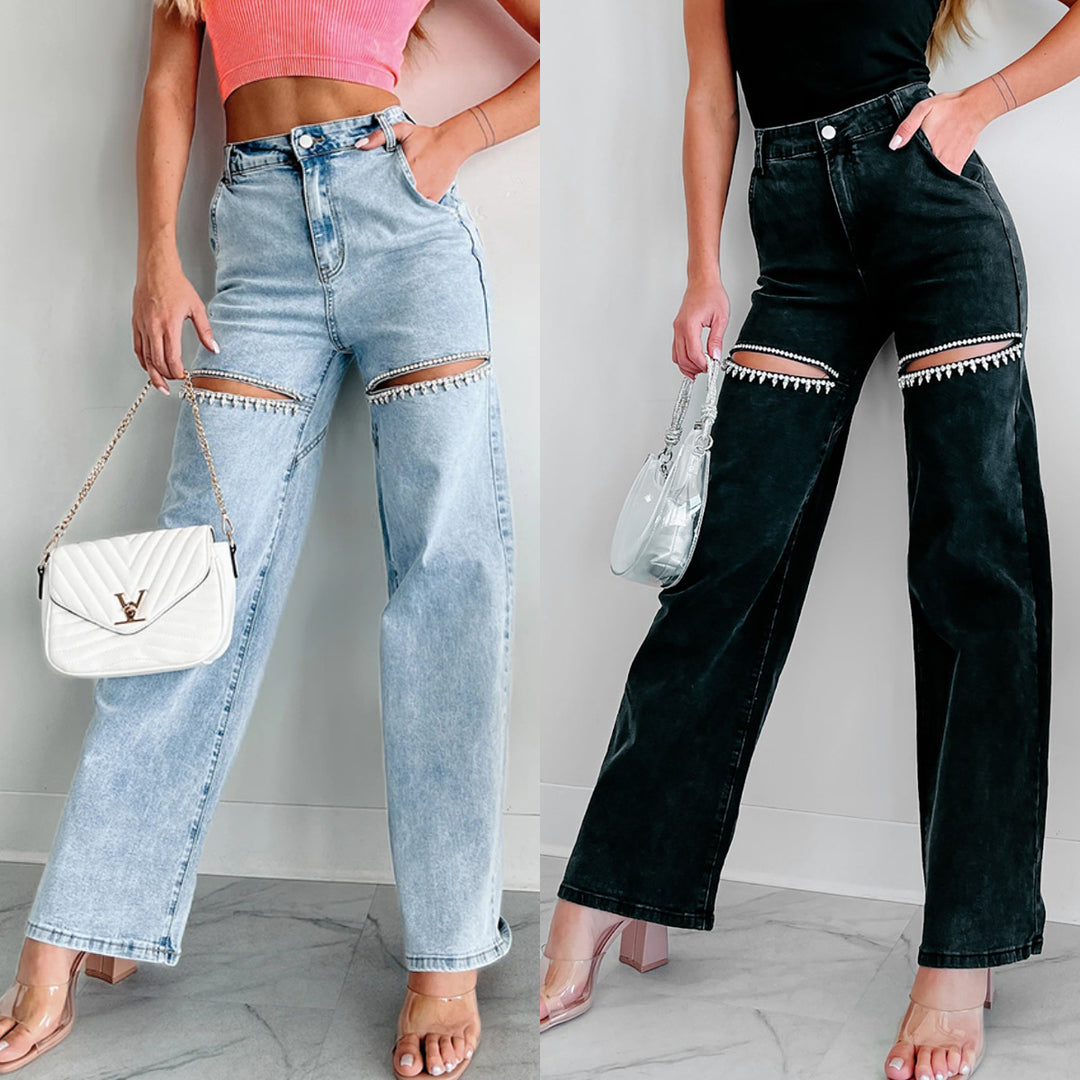 High-waisted jeans for women with an original cut-out design and discreet rhinestone appliqués Lune London