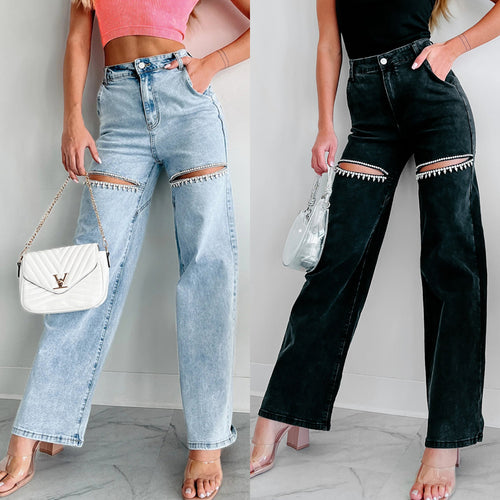 High-waisted jeans for women with an original cut-out design and discreet rhinestone appliqués Amarae