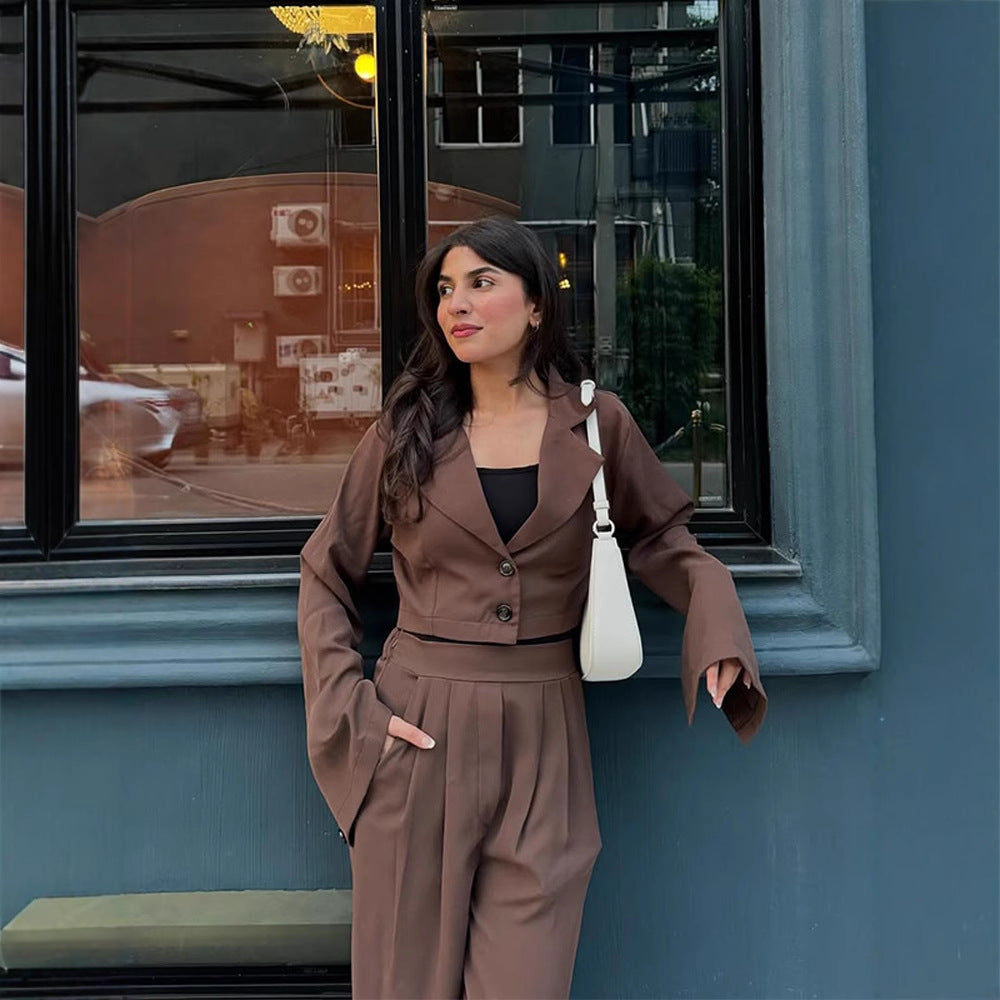 Women Two-Piece Tailoring Set Short Blazer with Bell Sleeves and High-Waist Palazzo Pants Amarae