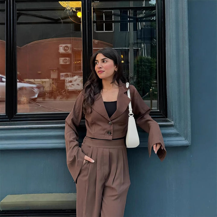 Women Two-Piece Tailoring Set Short Blazer with Bell Sleeves and High-Waist Palazzo Pants Amarae