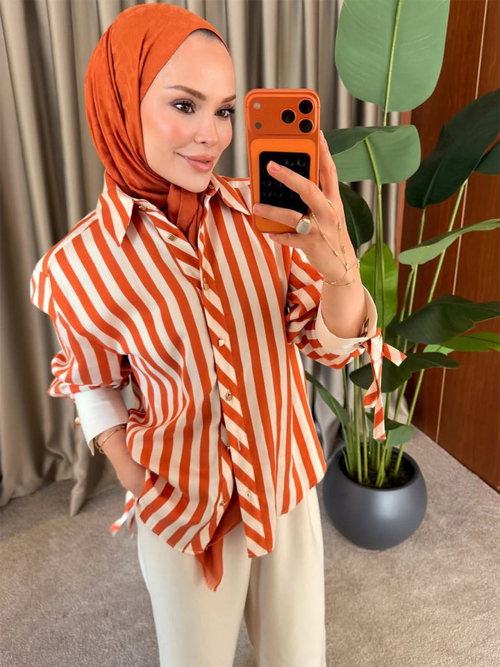 Women Striped Oversize Shirt Blouse with Ties on Sleeves and Concealed Button Placket Amarae