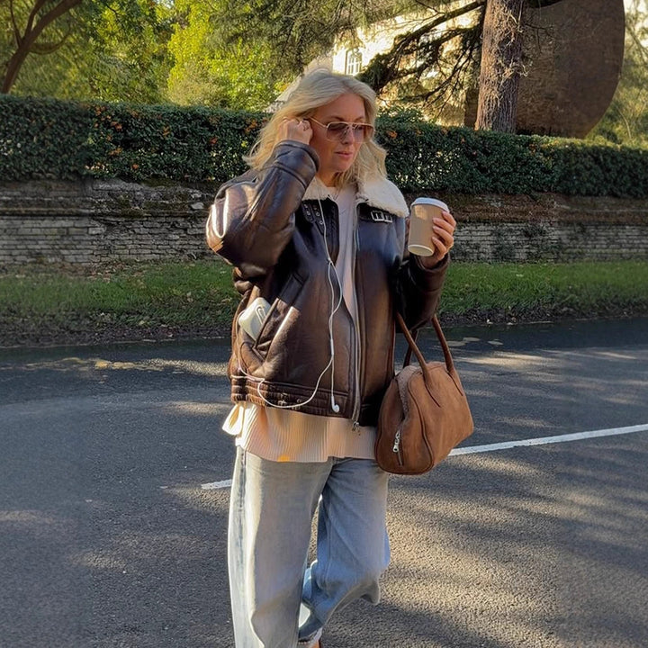 Women's Oversize Pilot Jacket made of Faux Leather with Teddy Lining and Wide Cut Amarae