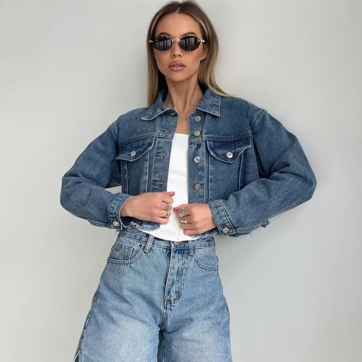 Cropped denim jacket for women with casual fringes Lune London