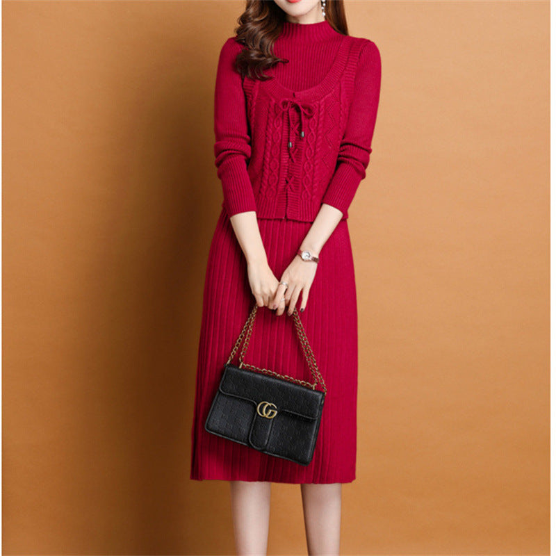 Elegant knitted dress for women with high collar and decorative braid design Lune London