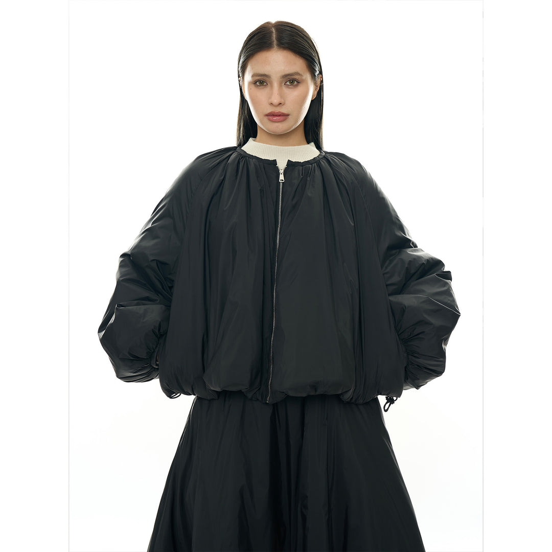 Women's Voluminous Bomber Jacket in Cape Style with Balloon Sleeves and Drawstring Amarae