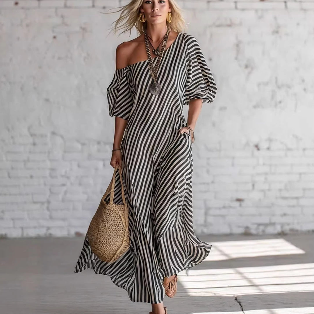 Women's maxi dress with asymmetric cut and striking stripes Lune London