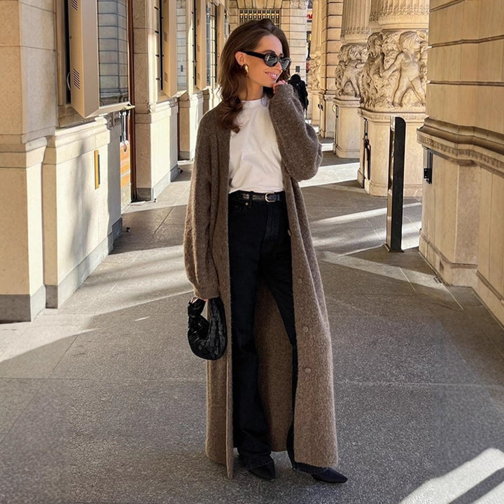 Women Maxi Long Knit Coat in Mohair Look with Concealed Button Placket and Loose Silhouette Amarae