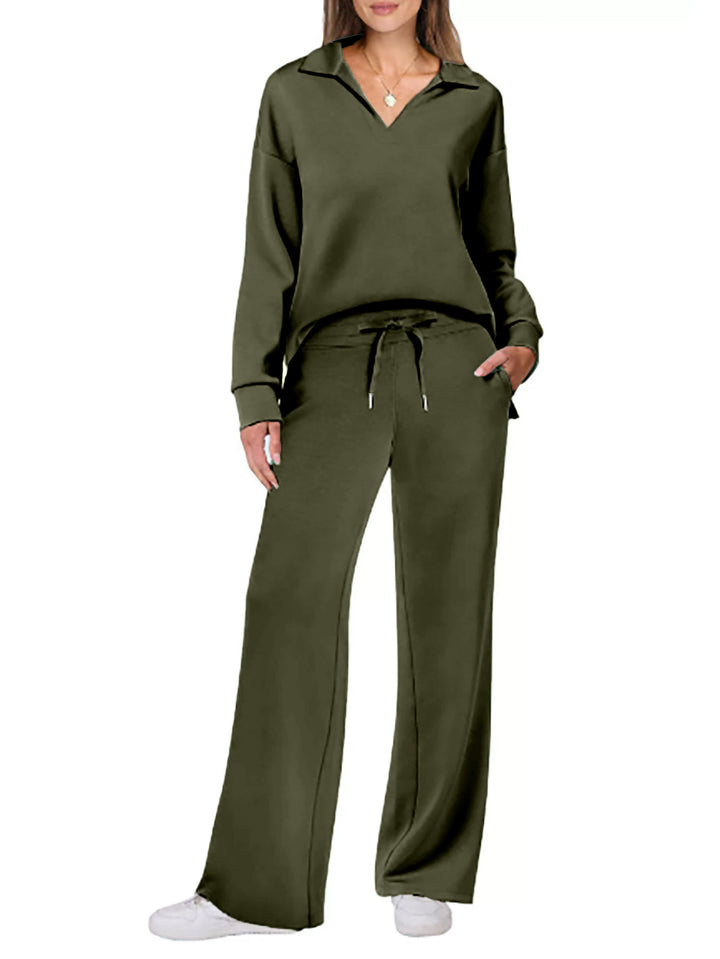 Lune London Wide Leg Casual Set for Women with V Neck