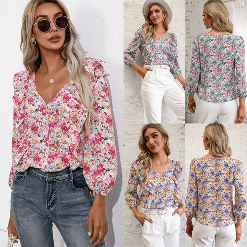Women's blouse with ruffles and floral pattern Amarae
