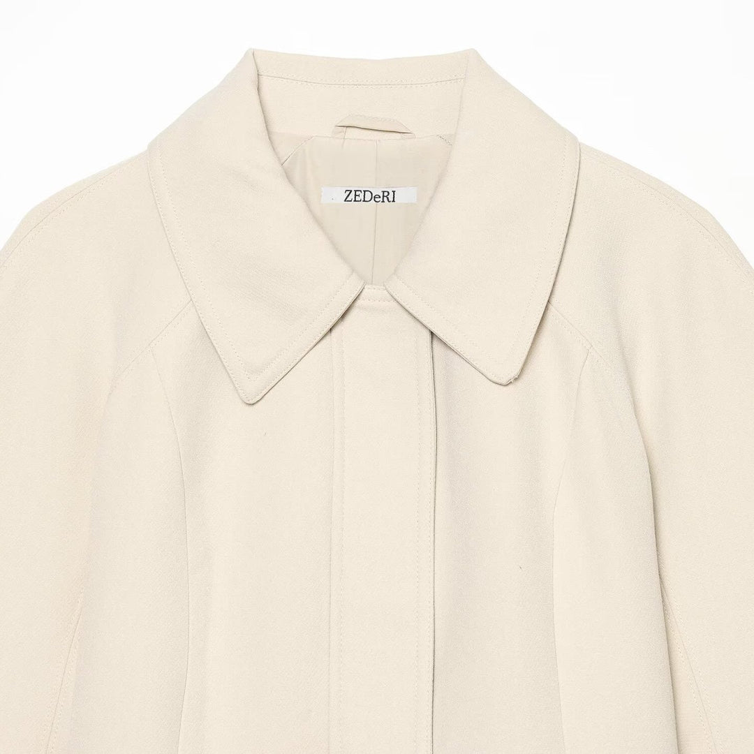 Women's cropped jacket in minimalist trench style with wide shirt collar and tie belt Amarae