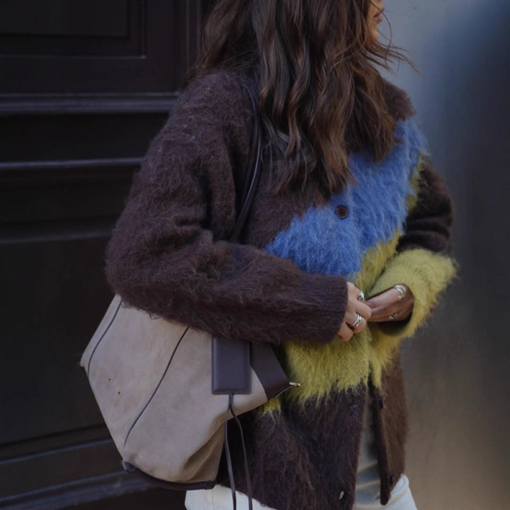Women's Oversize Mohair-Blend Cardigan with Abstract Color Block and Button Placket Amarae