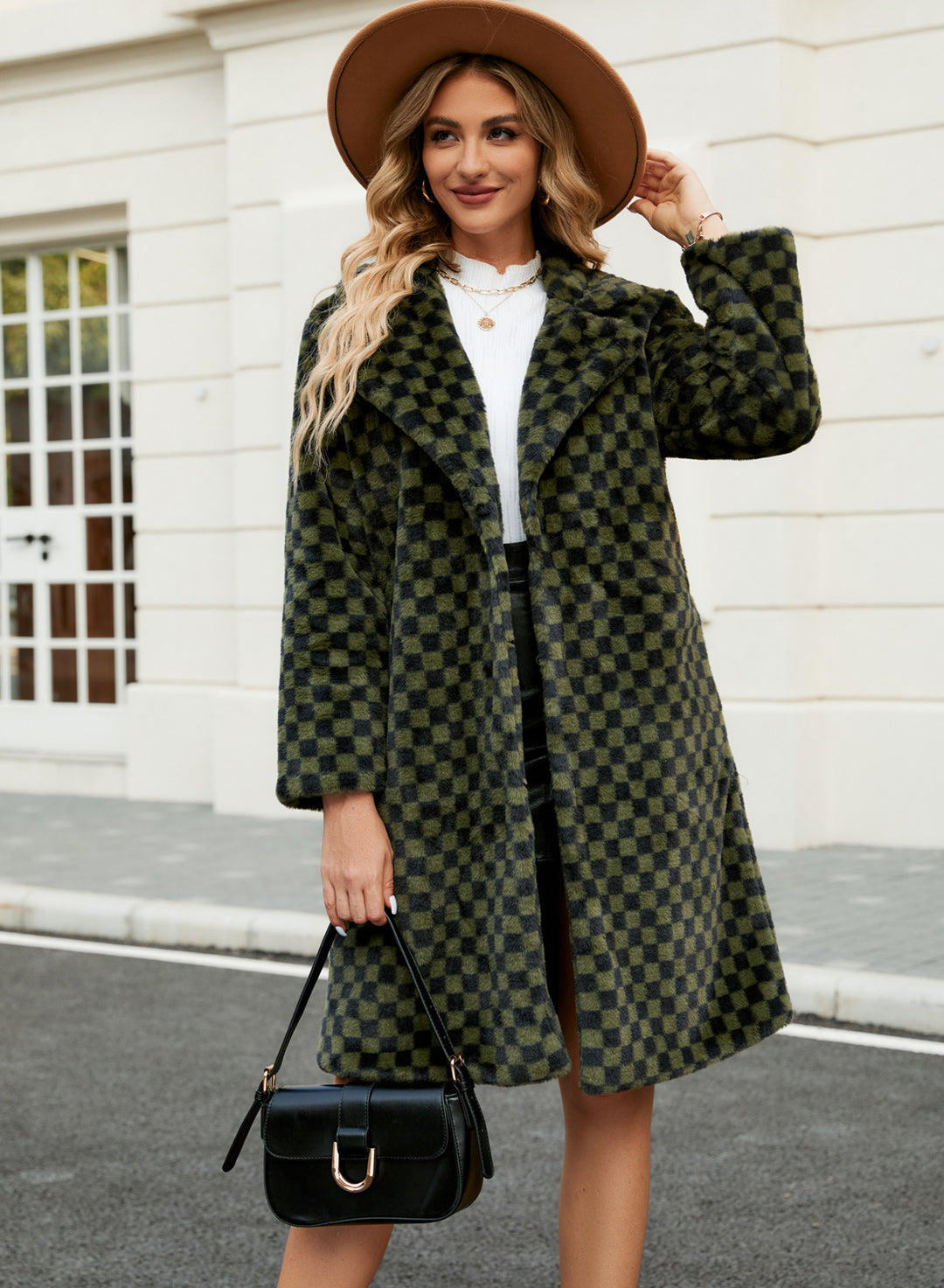 Elegant faux fur coat for women with a modern check pattern and a wide collar Lune London