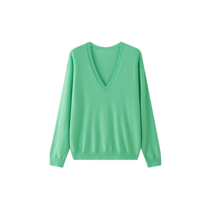 Women Lightweight V-Neck Fine Knit Sweater in Oversize Fit with Ribbed Cuffs Amarae
