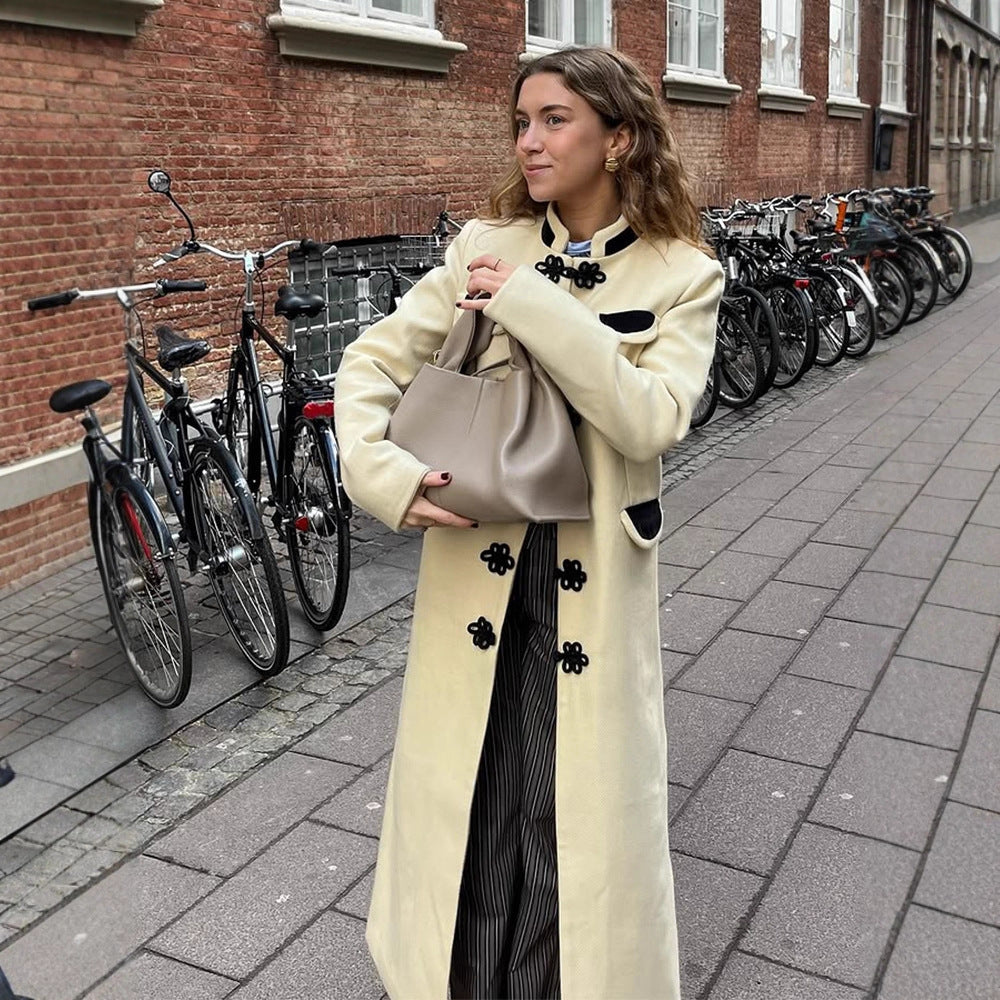 Women's maxi length tailored wool blend coat with stand-up collar and decorative frog closures Amarae