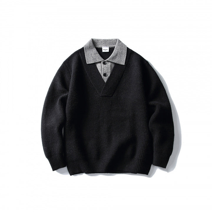 Men's pullover with polo half-button placket, oversized ribbed knit and V-neck detail Amarae