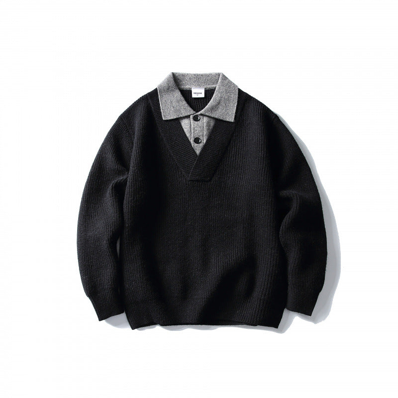 Men's knit polo sweater with oversized cut, V-insert and contrast collar Amarae