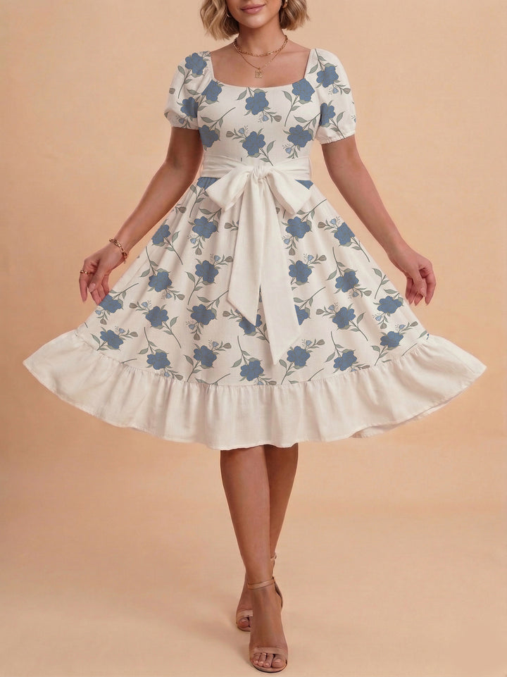 Women's floral dress with adjustable belt and voluminous sleeves Lune London