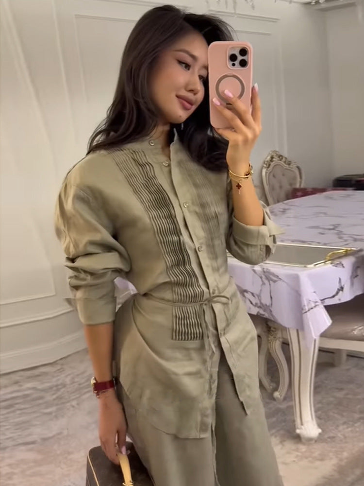 Women Long Shirt Blouse with Fine Pleats, Stand Collar and Tied Belt Amarae
