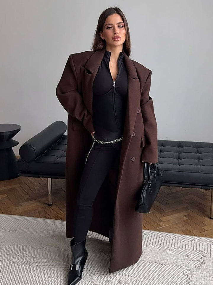 Women's Maxi-Length Wool Blend Coat with Boxy Oversized Silhouette and Distinctive Shoulders Amarae