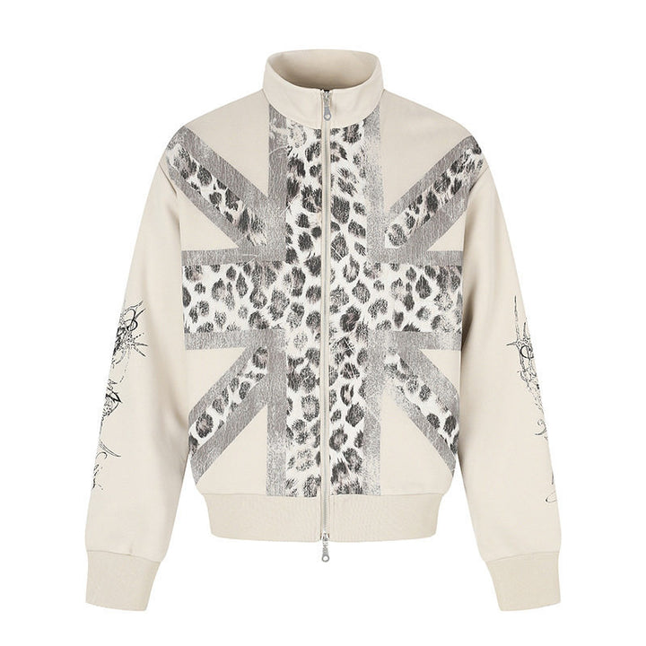 Women's Zip Sweat Jacket with Stand-Up Collar and Leopard Union Jack Print Amarae