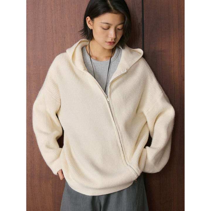 Women's Cozy Zip Hoodie Cardigan in Ribbed Knit Mix with Balloon Sleeves Amarae