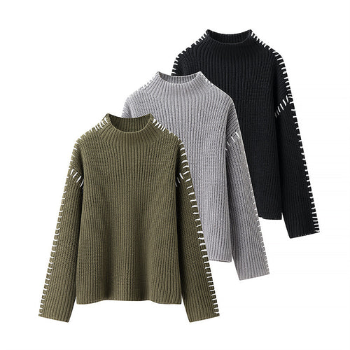 Chunky knit sweater for women with high collar and decorative details Amarae