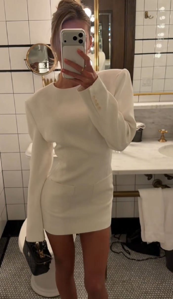Women Figure-Hugging Long Sleeve Mini Dress with Emphasized Shoulder Area and Patch Pockets Amarae