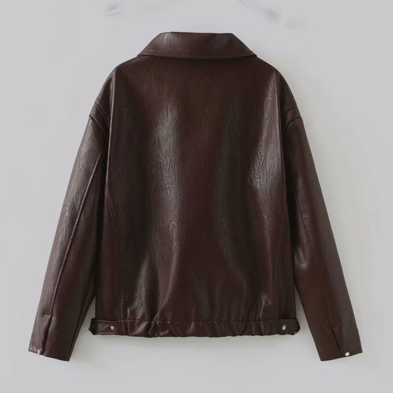 Ladies oversized synthetic leather jacket with wide collar and zipper Lune London