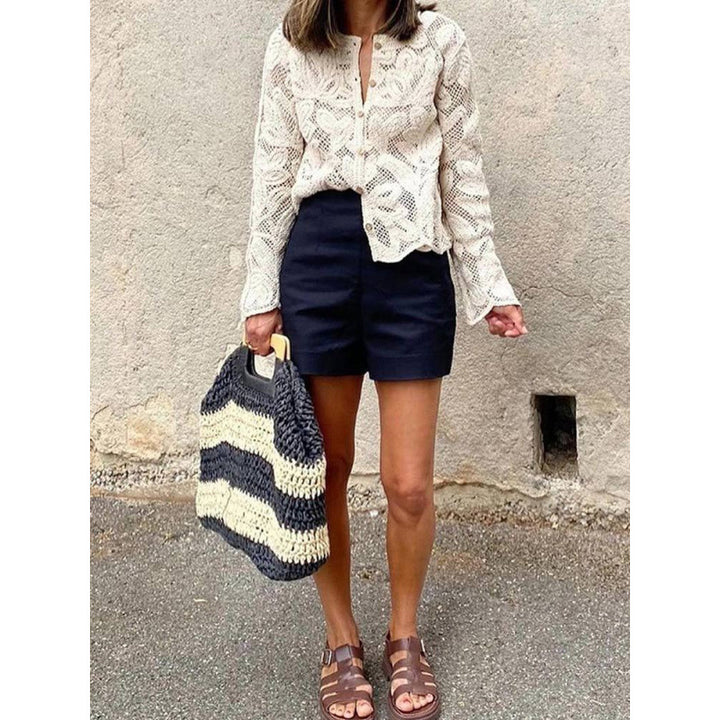 Women's Crochet Cardigan with Floral Openwork Pattern, Button Placket & Wavy Hem Amarae