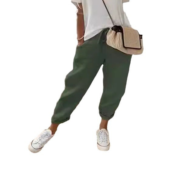 Women's linen jogger pants with drawstring, loose tapered fit and rolled hems Amarae