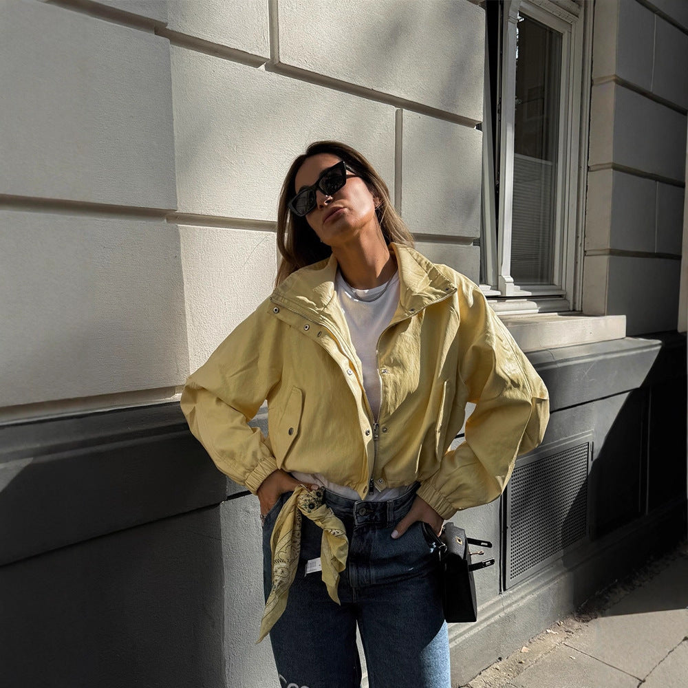 Women's Short Satin Look Bomber Jacket with Zipper, Snap Buttons & Elastic Cuffs Amarae