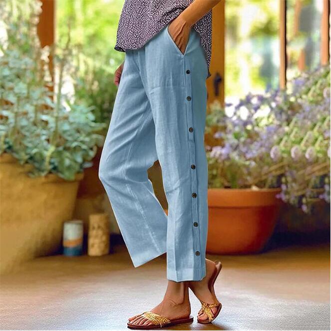 Linen pants for women with side button details and relaxed fit Lune London