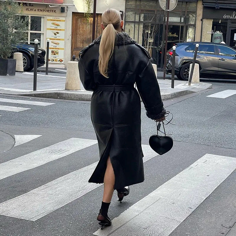 Ladies Trendy Synthetic Leather Coat with Oversized Collar and Belt Lune London