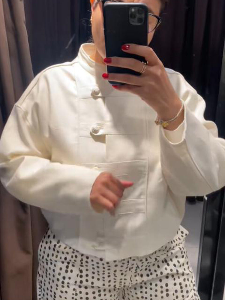 Women's Cropped Boxy Jacket with Chinese Stand Collar and Decorative Button Placket Amarae