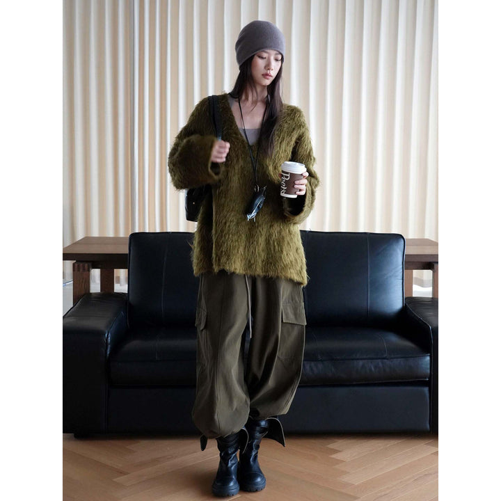 Women Cozy V-Neck Flokati Cardigan with Oversize Silhouette Amarae