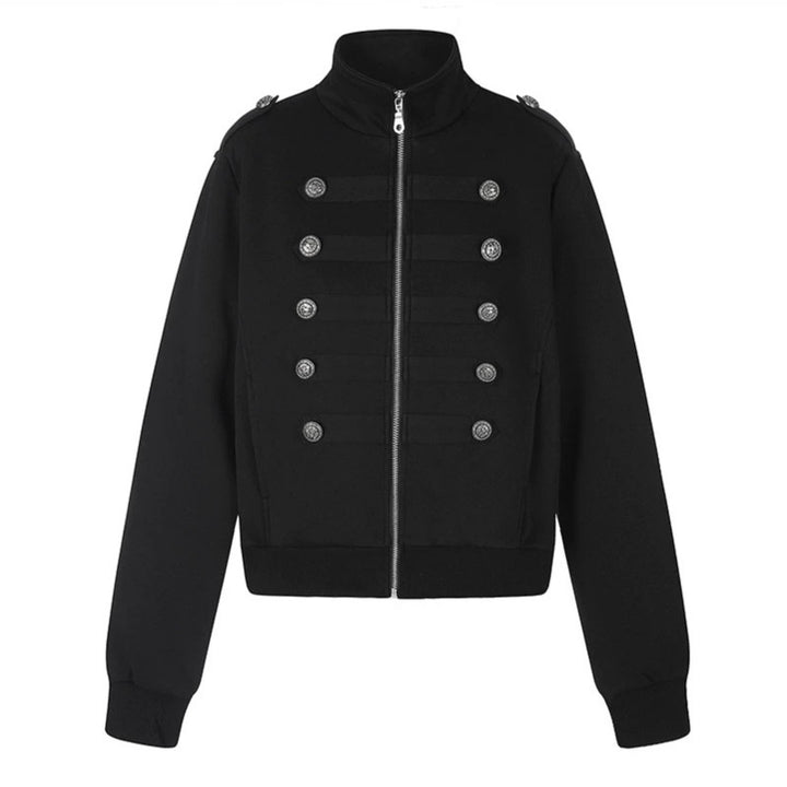 Women's short sweatshirt jacket with stand-up collar, double button detail and zipper Amarae