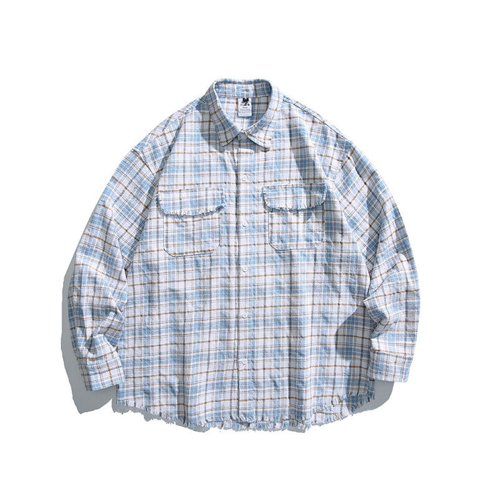 Unisex Boxy overshirt in checked linen blend with frayed hem and patch pockets Amarae