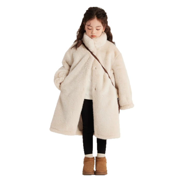 Ladies Cozy Faux Fur Coat with High Stand-Up Collar and Straight Cut Amarae