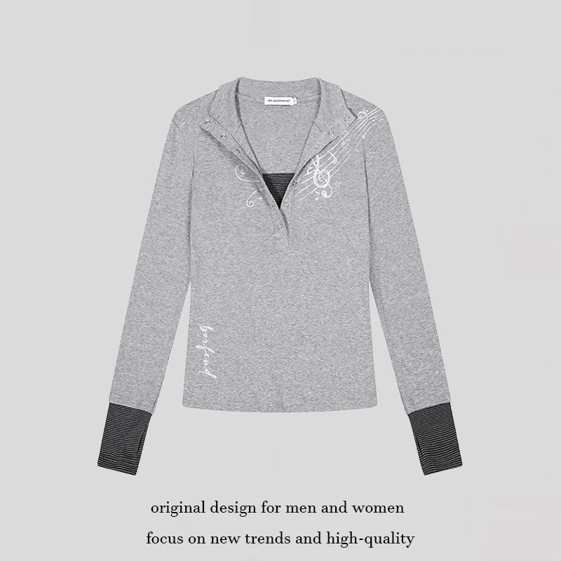 Women’s long-sleeve shirt with Henley button placket, contrast cuffs, and music note print Amarae