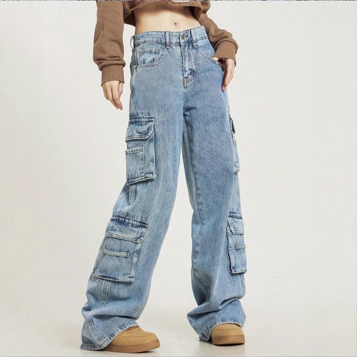 Women's High-Cut Baggy Cargo Jeans with Multiple Utility Pockets Amarae