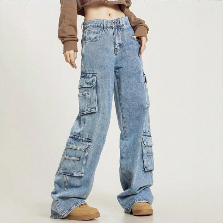 Women's High-Cut Baggy Cargo Jeans with Multiple Utility Pockets Amarae