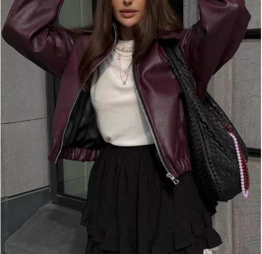 Casual leather jacket for women with a sporty style and elastic belt Lune London