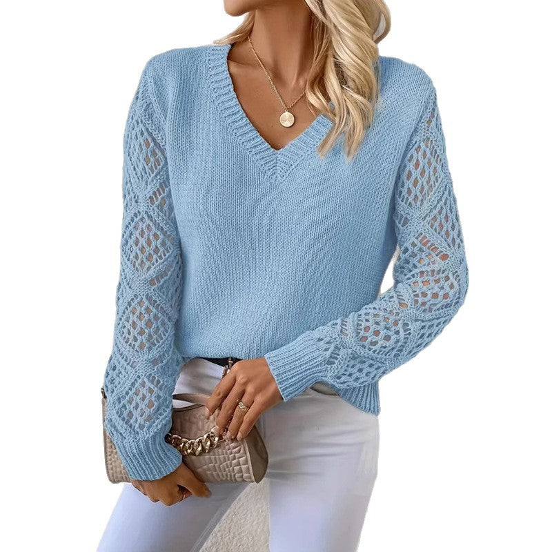 Knit sweater for women with refined crochet sleeves and a chic V-neck
