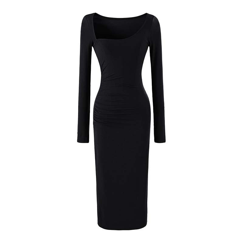 Women's Figure-hugging Midi Dress with Deep Round Neckline, Long Sleeves, and Side Gatherings