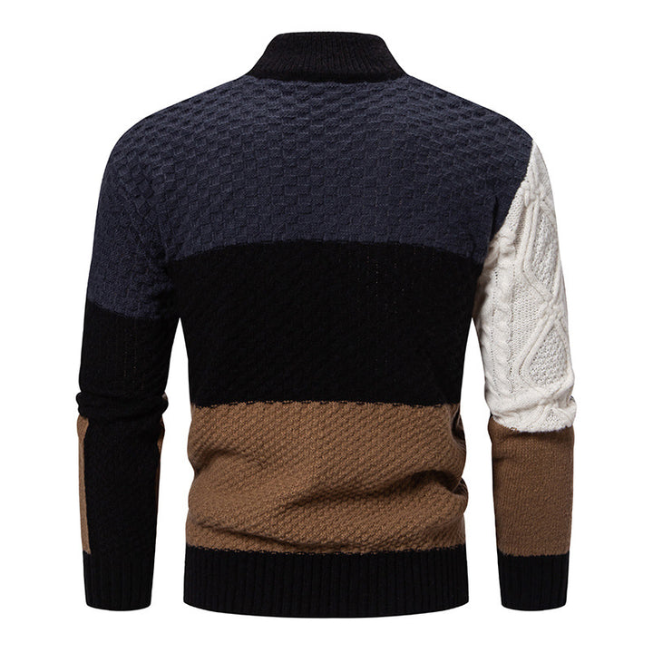 Trendy thick knit sweater for men with high collar and textured color block design Lune London