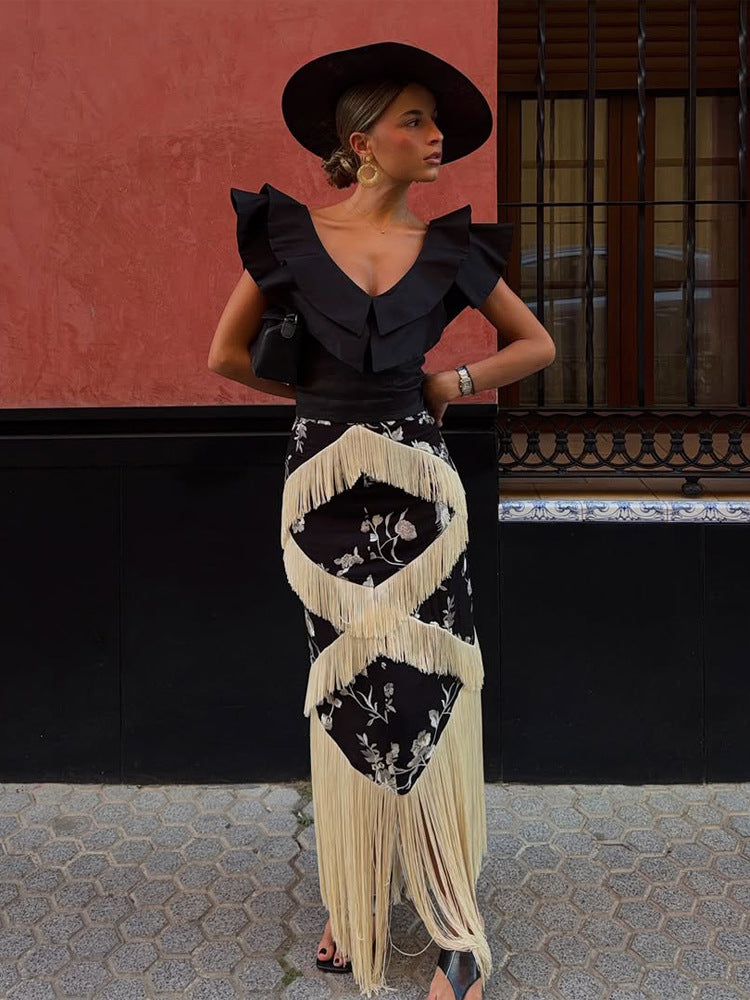 Women's Maxi Skirt with Floral Print & Layered Fringe Details Amarae
