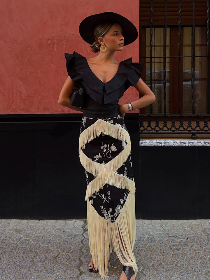Women's Maxi Skirt with Floral Print & Layered Fringe Details Amarae