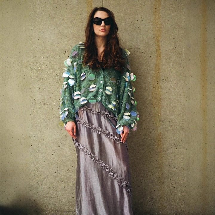 Women's Chunky Knit Mohair Cardigan with Oversized Sequins and Boxy Silhouette Amarae