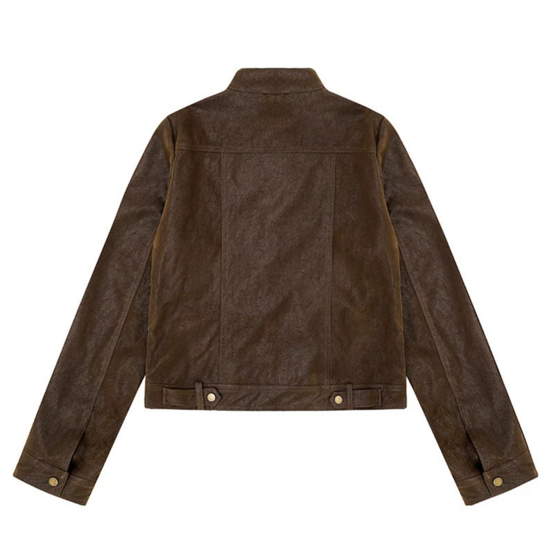 Women Short Cut Faux Leather Jacket in Vintage Moto Style Amarae